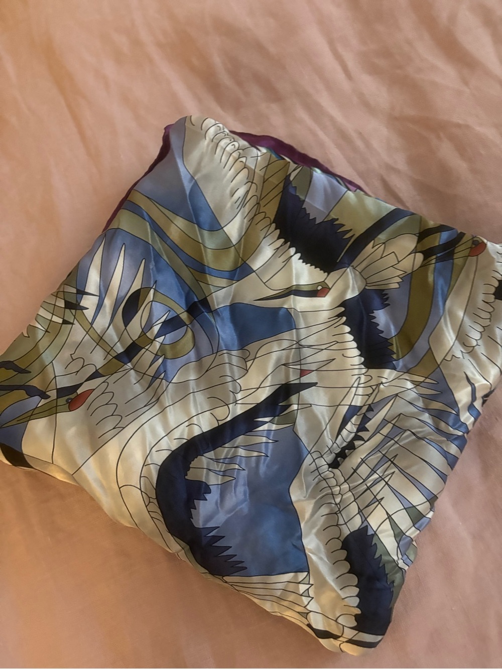 Vintage Blue, Cream & Navy Crane Print Silk Scarf